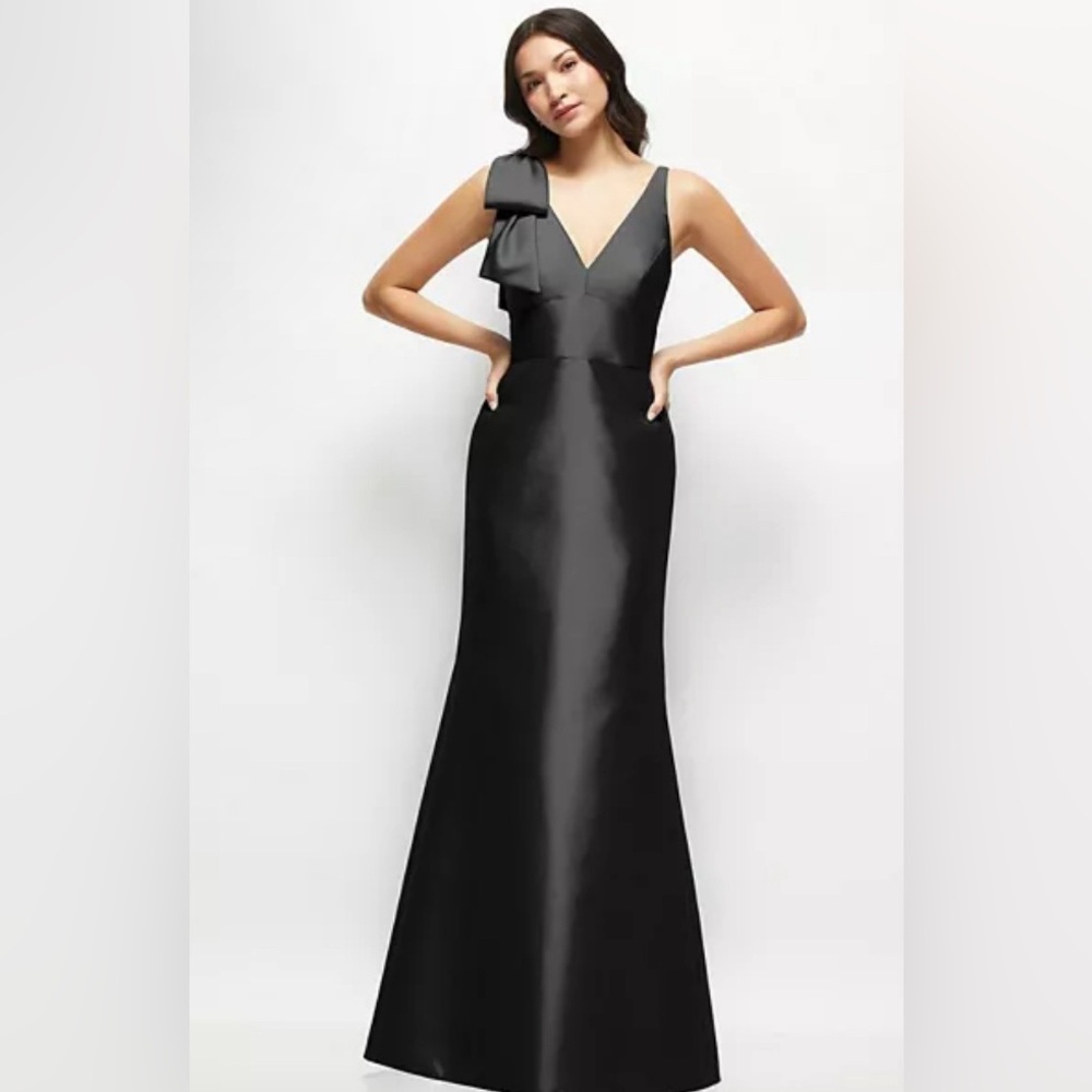 NWT ALFRED SUNG Deep V-back Satin Trumpet Dress w/ Cascading Bow@1 Shoulder